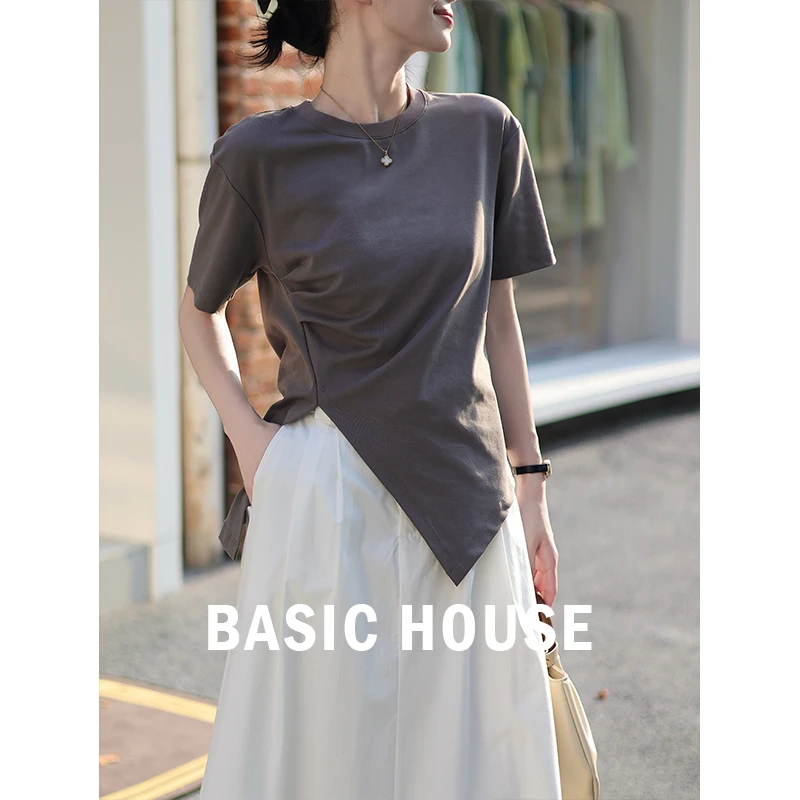 Basic House/百家好CSM女T恤纯色百搭短袖时尚开叉褶皱设计感上衣