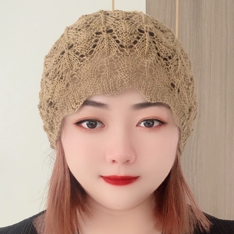 新款镂空春夏帽子透气蕾丝薄款头巾洋气女士针织堆堆头帽白发包头