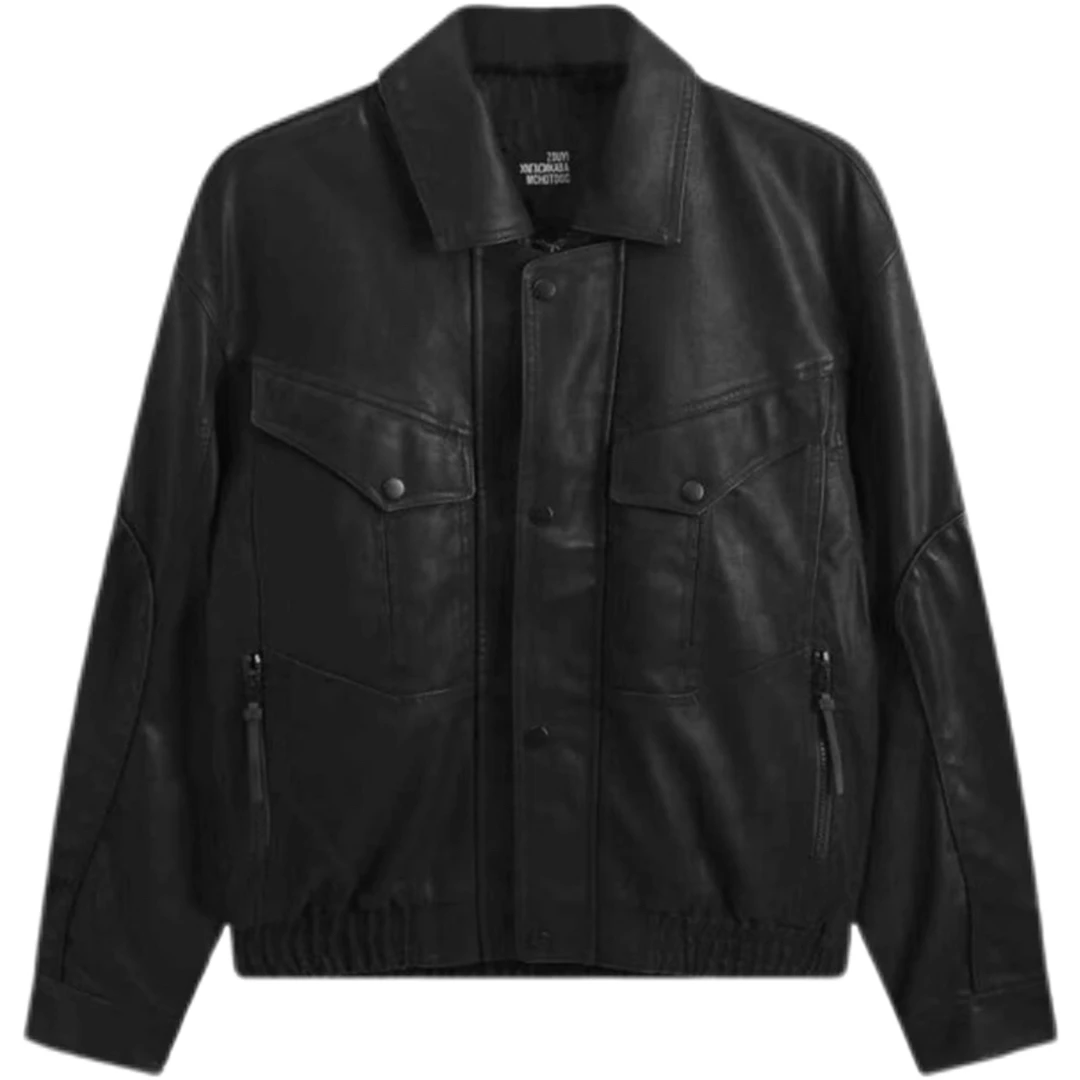 立体拼接翻领机车风隐藏拉链皮夹克PU99