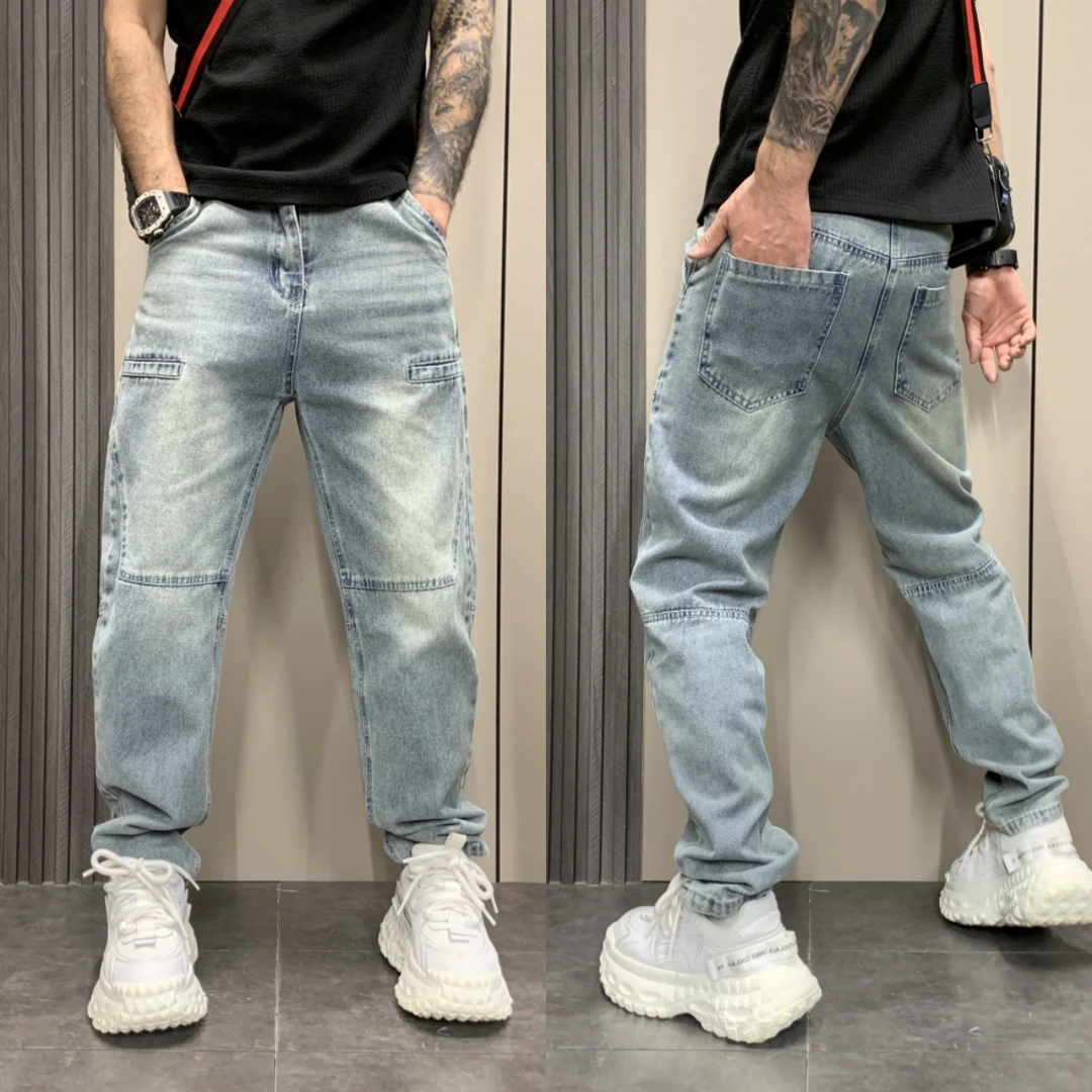 2025春季拼接潮流设计感牛仔裤男复古做旧直筒裤美式宽松阔腿裤子