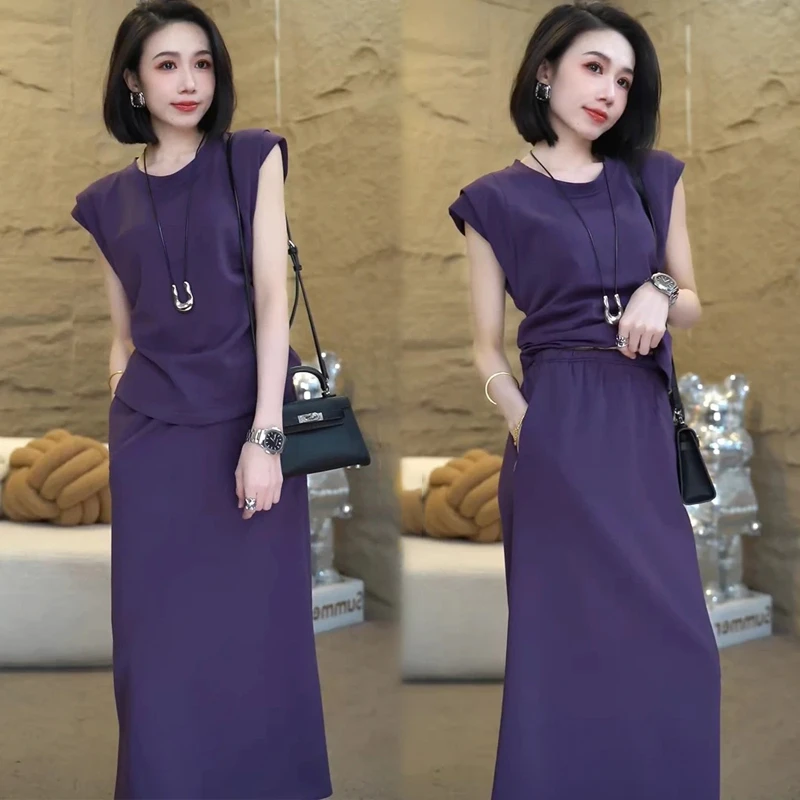 时尚连衣裙套装女2025夏季新款洋气显瘦短袖半身裙显瘦休闲两件套