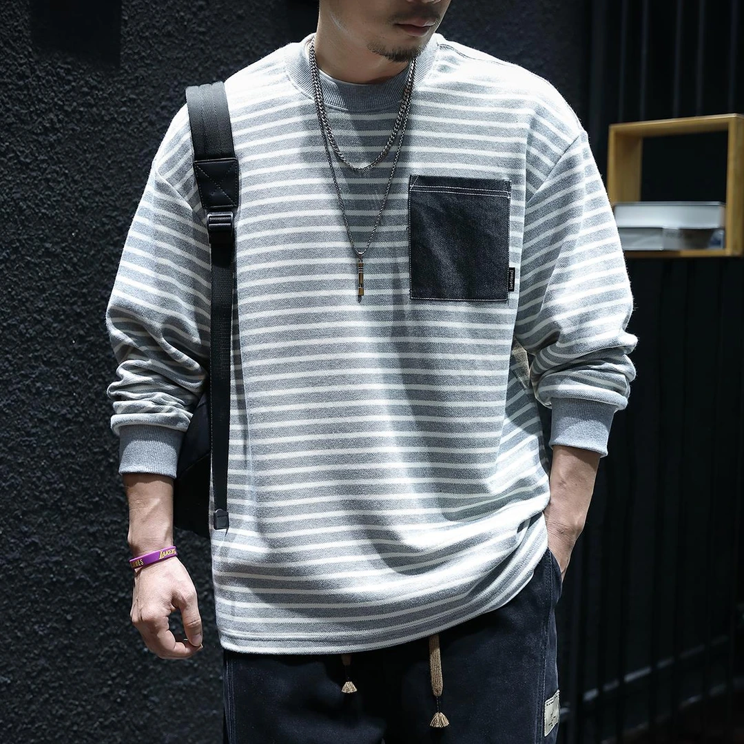 杜拉妮新款条纹圆领长袖卫衣男士秋季宽松上衣秋潮流百搭时尚卫衣