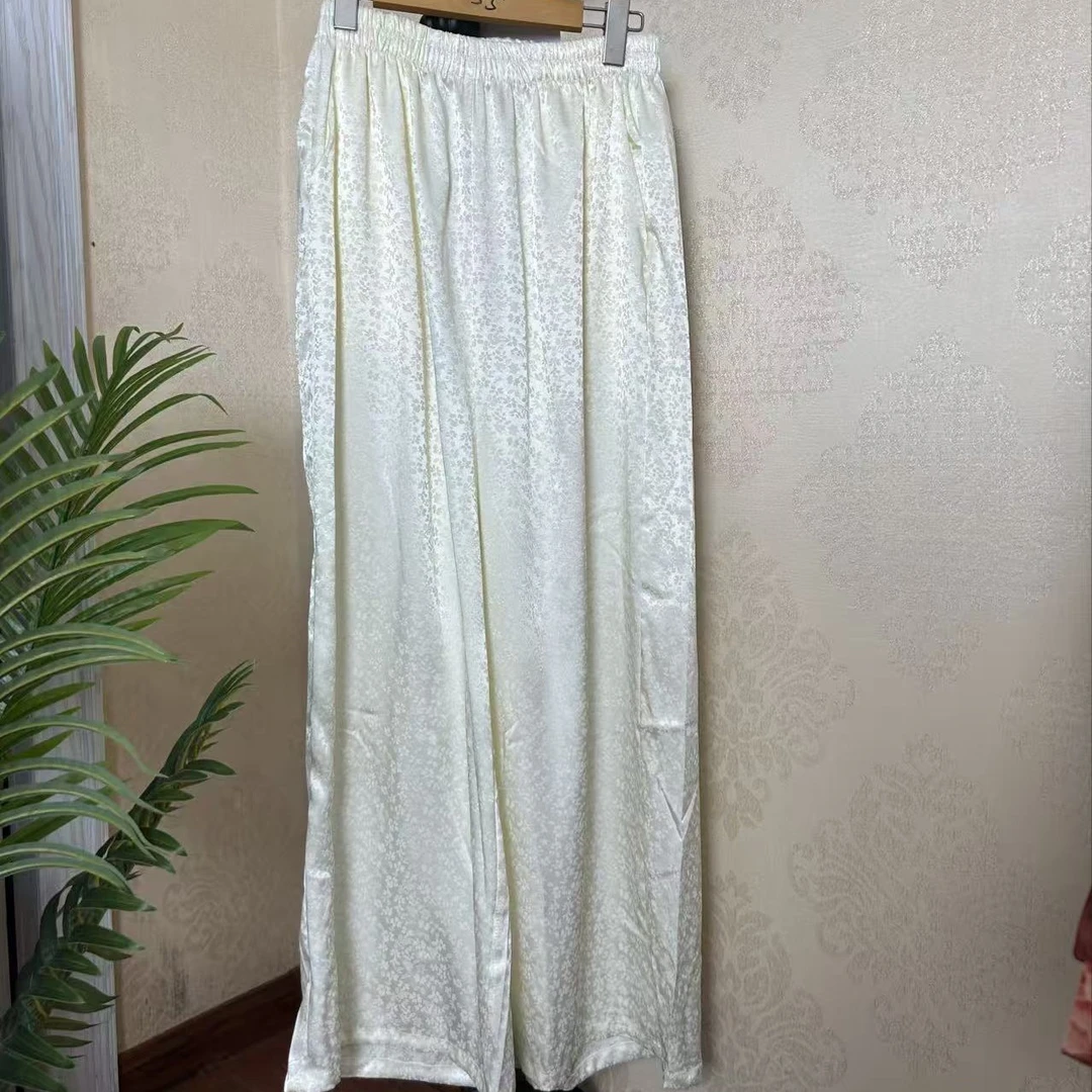 夏季醋酸提花高腰直筒宽松中式薄款阔腿休闲裤