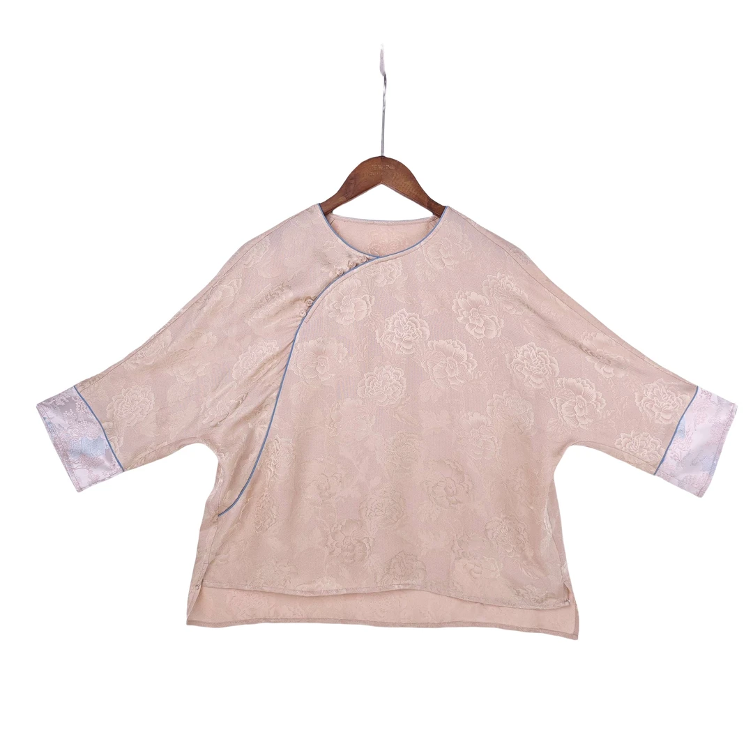 【晓灵】新中式桑蚕丝清冷感显气质复古斜襟圆领五分袖上衣女 1258