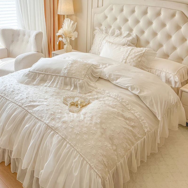 美拉德白色仙女全棉床上四件套公主风纯棉蕾丝边被套床裙款