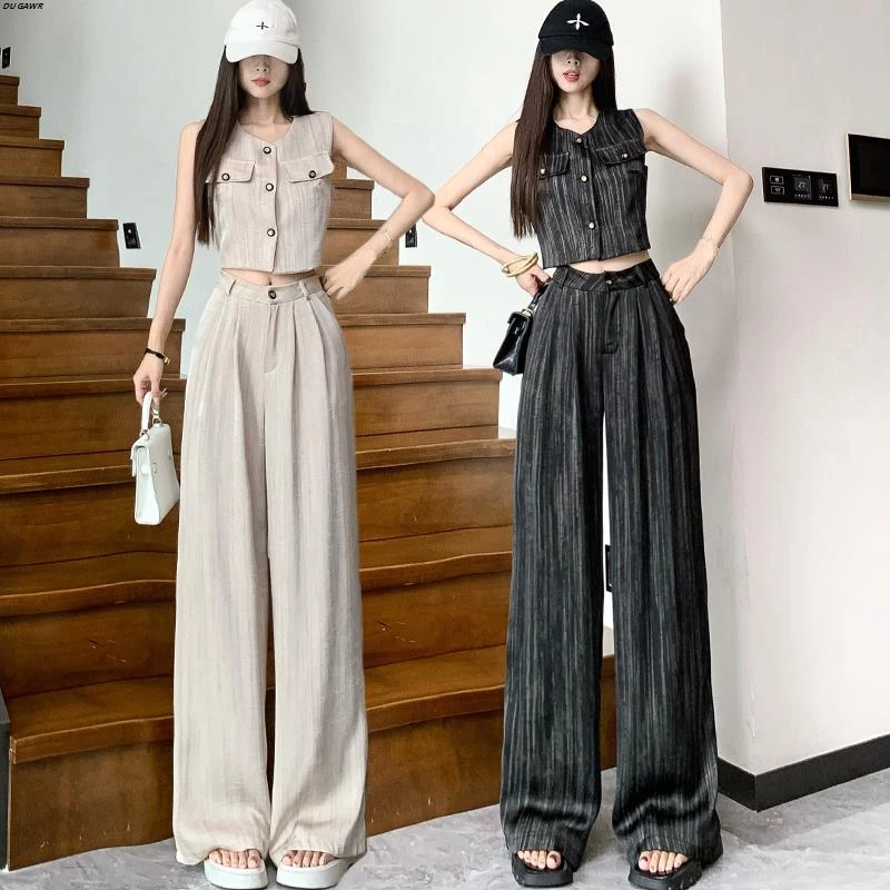 高级感醋酸冰丝阔腿裤套装女夏季无袖马甲背心上衣休闲时尚两件套