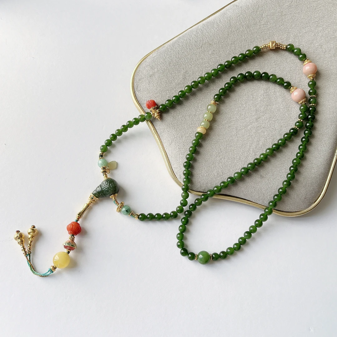 5-6mm和田玉碧玉无黑项链108颗时尚百搭绿色长款长链