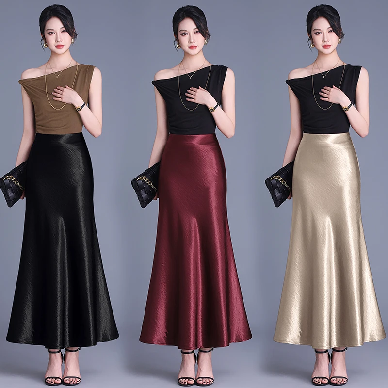 高档醋酸缎面光泽鱼尾裙长裙女春夏2025新品潮流休闲裙包臀裙长款