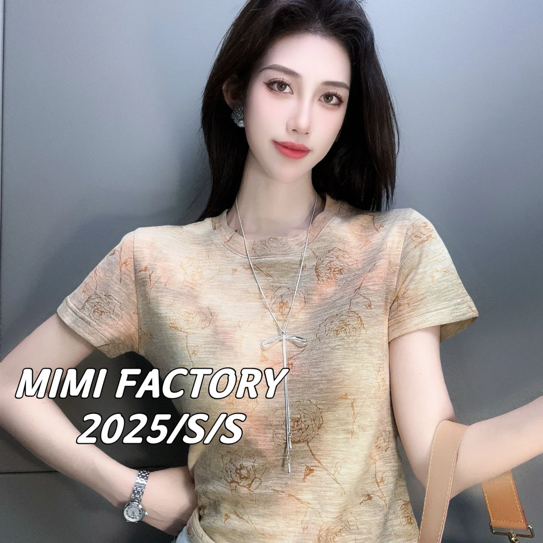 芈芈 2025新款短袖 欧货晕染玫瑰花短袖T恤女显瘦百搭上衣4191
