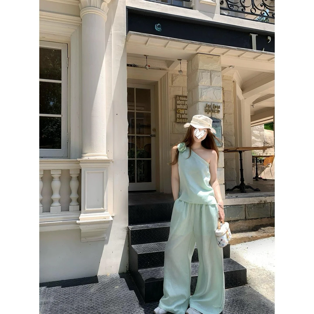 【薄荷可可】斜肩上衣阔腿长裤时尚休闲套装女