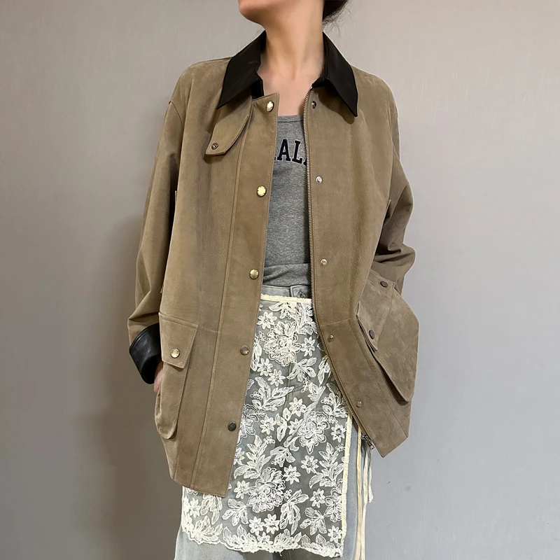 2025春秋韩版新款进口正绒山羊皮真皮皮衣中长款宽松版风衣外套