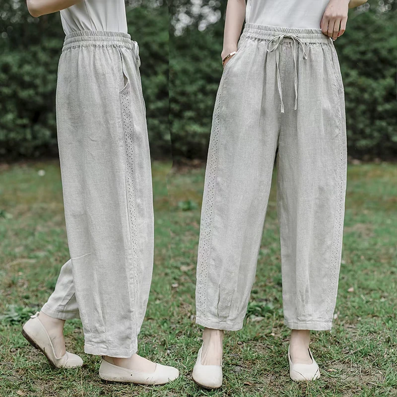 莲子家100%纯亚麻松紧腰薄款夏季哈伦裤显瘦休闲裤长裤直筒萝卜裤