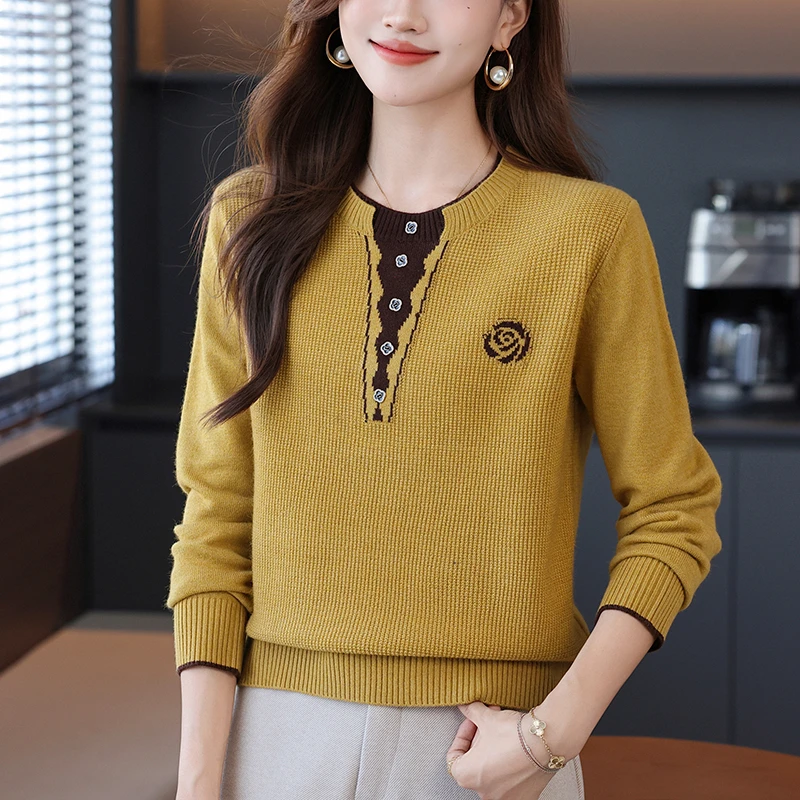 圆领休闲韩版套头女宽松百搭洋气山茶花毛针织衫打底毛衣显瘦时尚