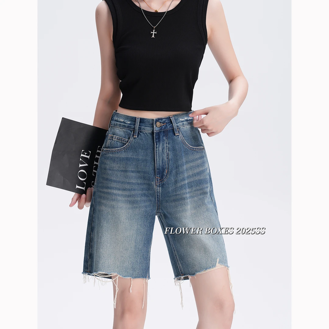 花匣子牛仔裤官方旗舰店2025夏季新款复古蓝四分短裤直筒裤87219