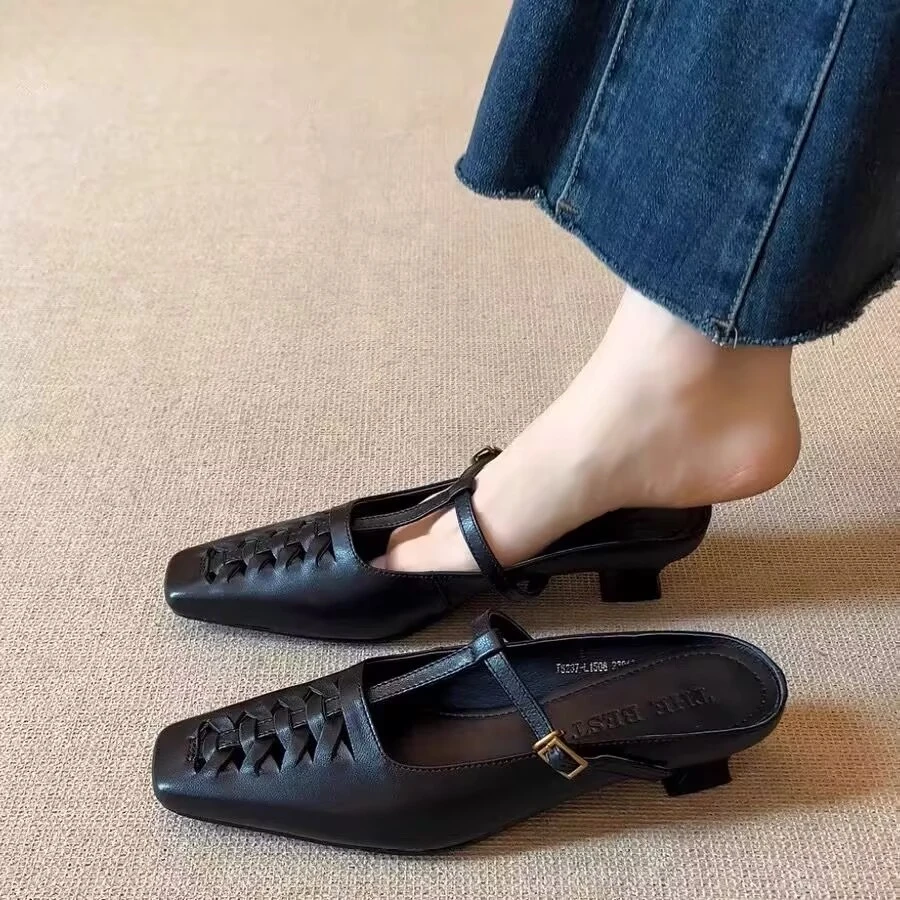 2025夏季新款3.5cm复古编织方头穆勒鞋百搭T型带包头外穿凉拖鞋潮