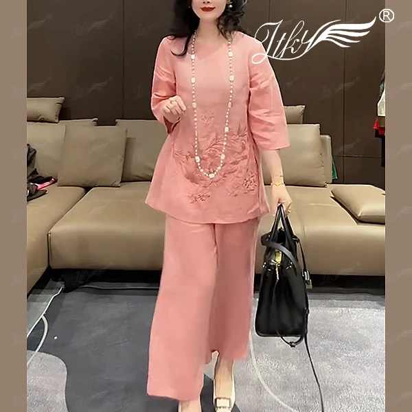 新设计感复古休闲衬衫套装2025气质重工刺绣上衣阔腿裤两件套女装