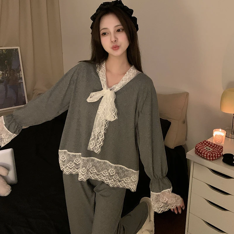 可外出休闲蕾丝睡衣V领家居服新款套头夏春秋季套装蝴蝶结女睡衣