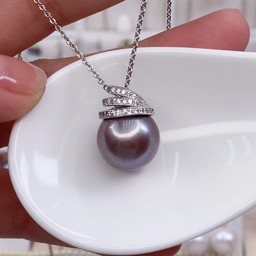 淡水珍珠银S925镶嵌吊坠(赠链)14mm微瑕