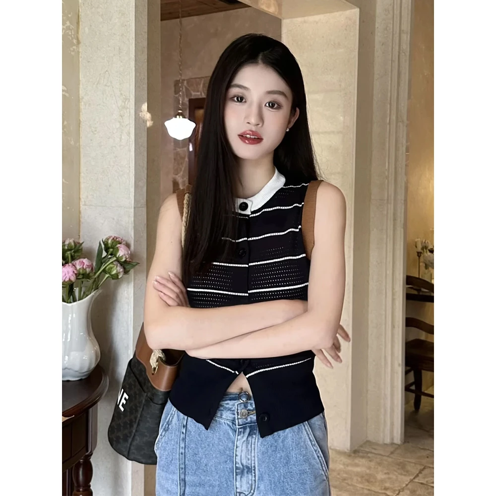女上衣马甲薄款外穿夏季镂空长款韩版小众马夹撞色纽扣复古