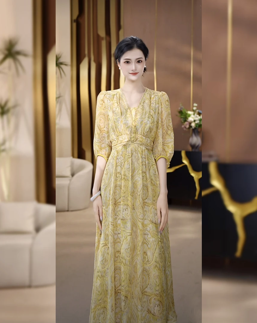 UNIQUE U:US【鎏金岁月】法式田园风腰果花纹收褶透气连衣裙252185