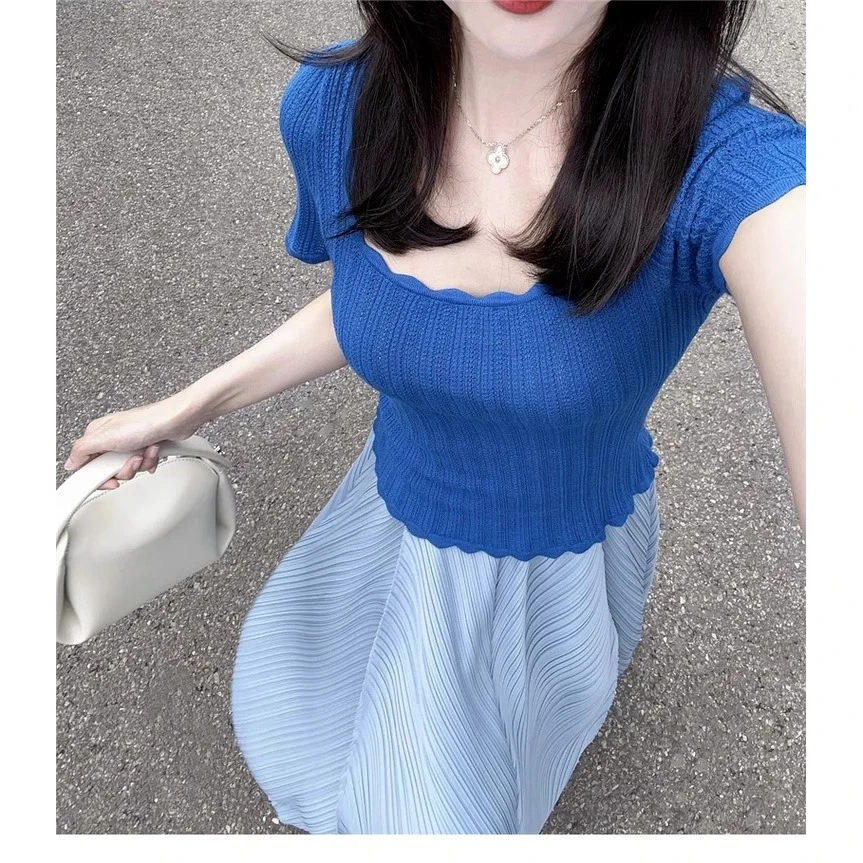 蓝色方领针织正肩短袖t恤女夏季2025新款小众设计感修身显瘦上衣