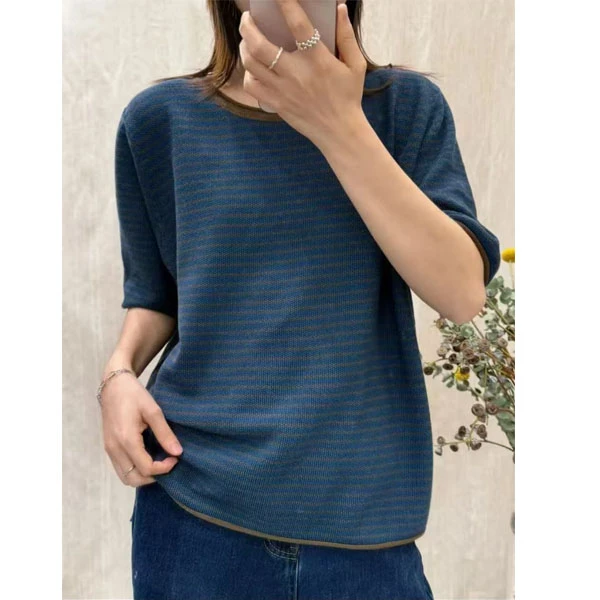 2025夏季薄款条纹短袖休闲百搭圆领新款针织上衣宽松蓝色简约时尚