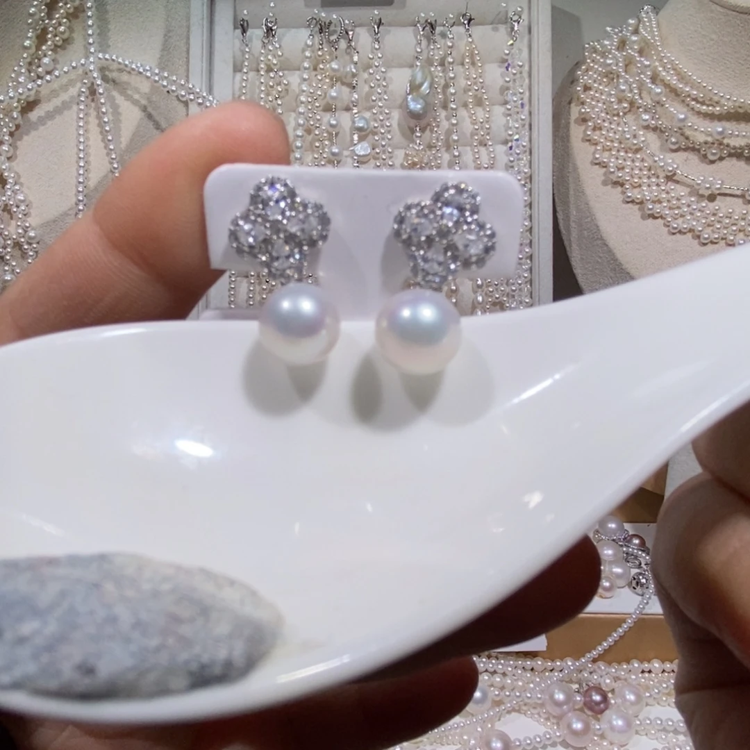 耳饰银S925镶嵌淡水珍珠极光炫彩耳钉