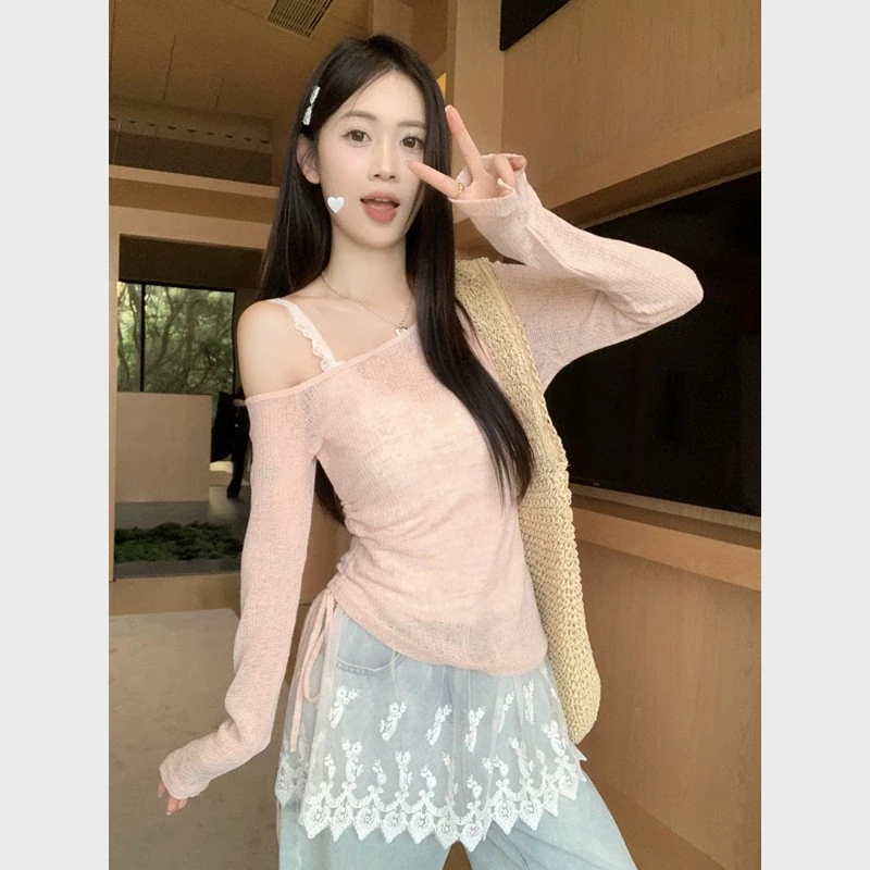 斜领一字肩粉色长袖防晒罩衫女夏抽绳修身显瘦设计感露肩薄款上衣