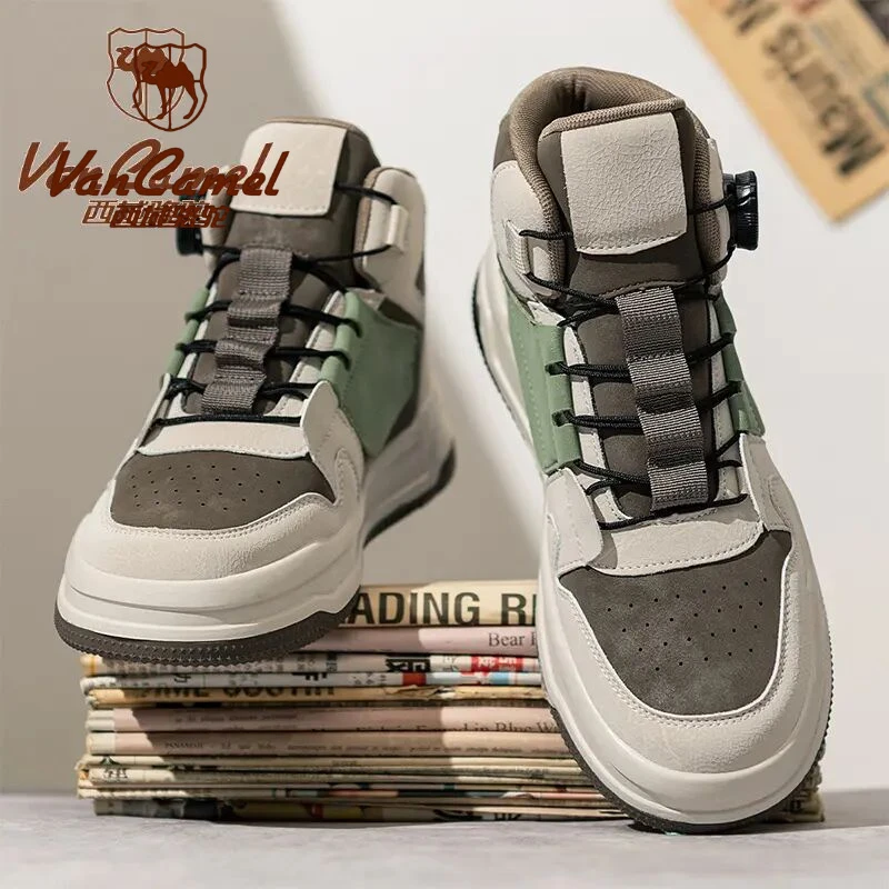 西域骆驼旋转纽扣男鞋秋季运动高帮板鞋男士百搭厚底休闲中帮潮鞋