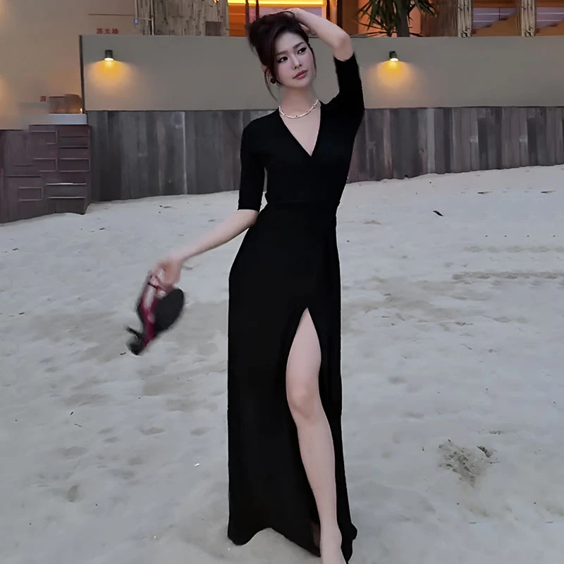 V领开叉短袖连衣裙女夏季裙子2025新款今年流行爆款收腰显瘦长裙