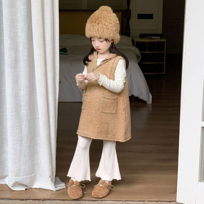 女童中长款针织背心裙套装秋季新款韩系时尚毛线裙时髦喇叭裤套装