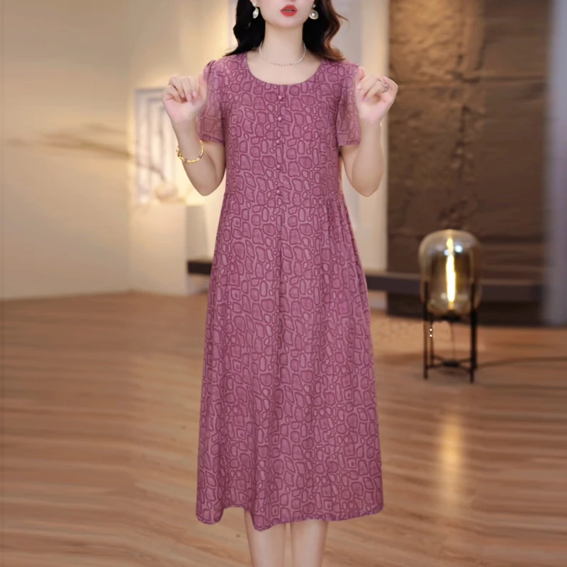 优雅时尚宽松大码连衣裙2025夏季新款妈妈洋气减龄显瘦中长款裙子