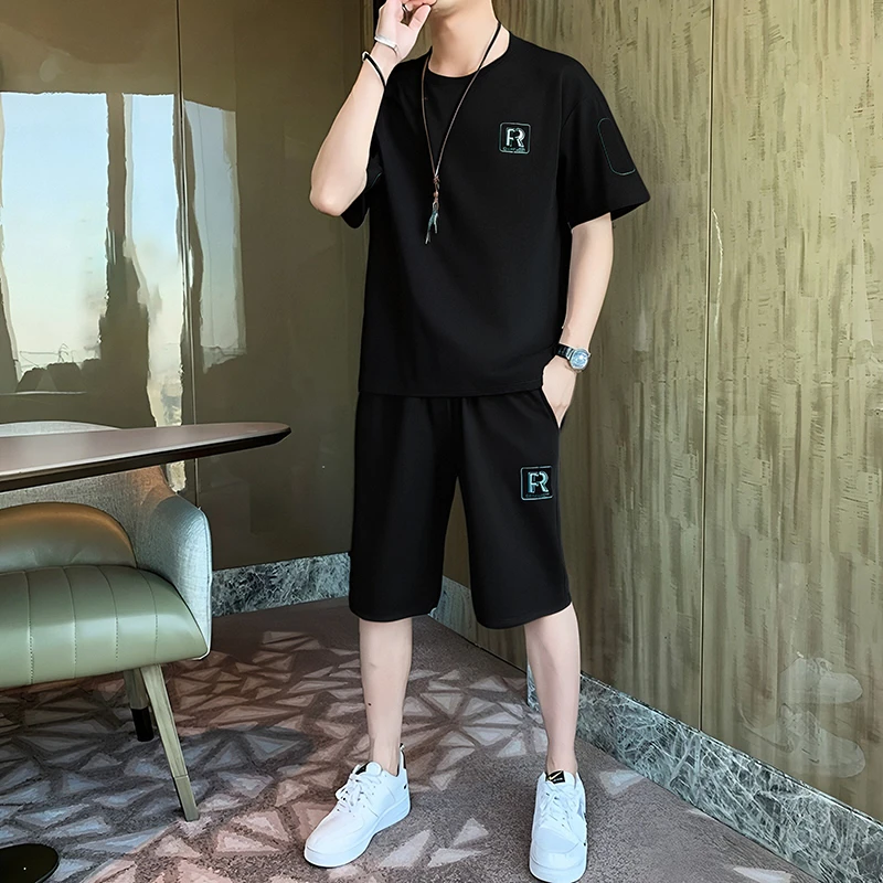 薄款宽松透气速干短袖t短裤痞帅穿搭一整套夏季男士休闲运动套装