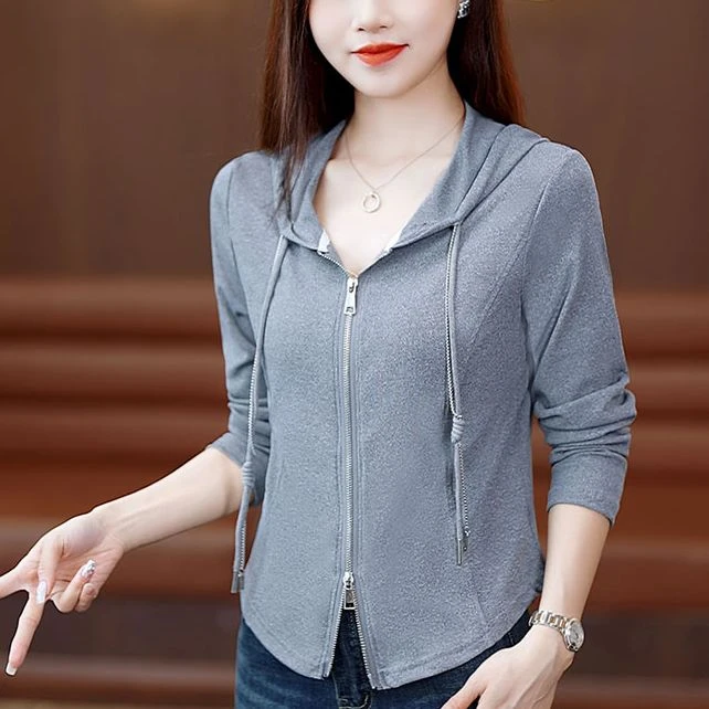 修身短款连帽外套薄款春秋休闲针织纯色上衣女性透气棉质长袖经典