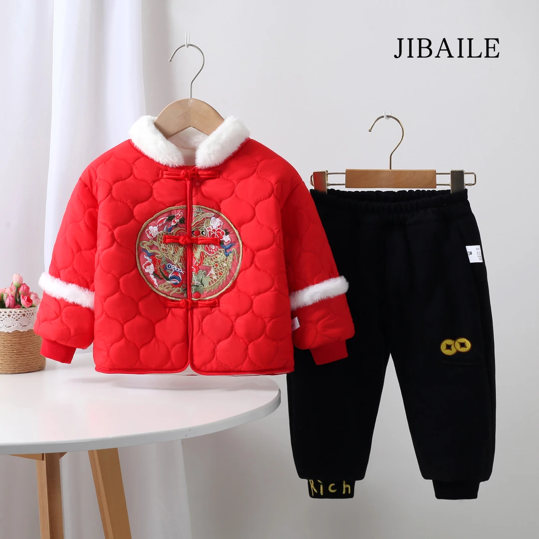 男女童宝宝毛领中国红棉套装拜年外出服