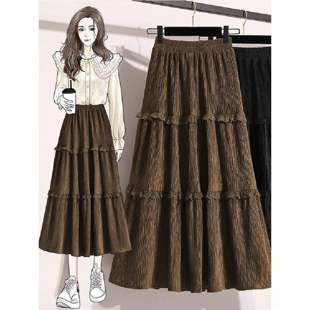 美拉德秋冬丝绒百褶蛋糕裙高腰a字长裙遮胯显瘦半身裙大摆伞裙子