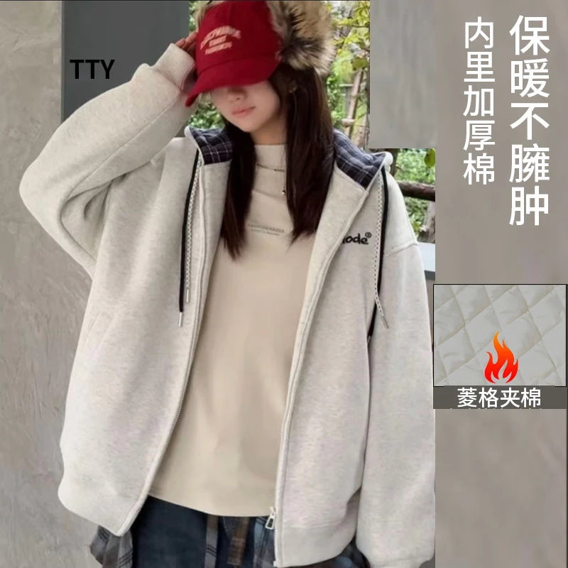 TTY （加棉）冬季女童纯色简约休闲风格子拼接连帽卫衣外套278135