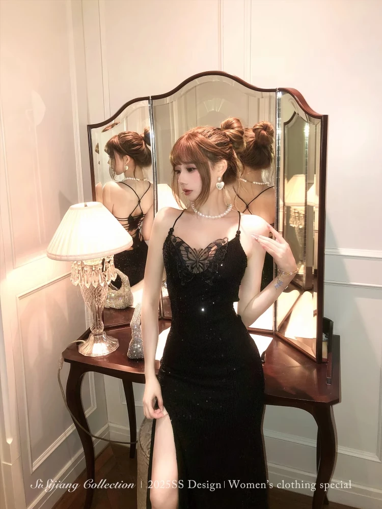 SISI JIANG"午夜巴黎 "纯欲风性感露背气质黑色开叉吊带包臀长裙