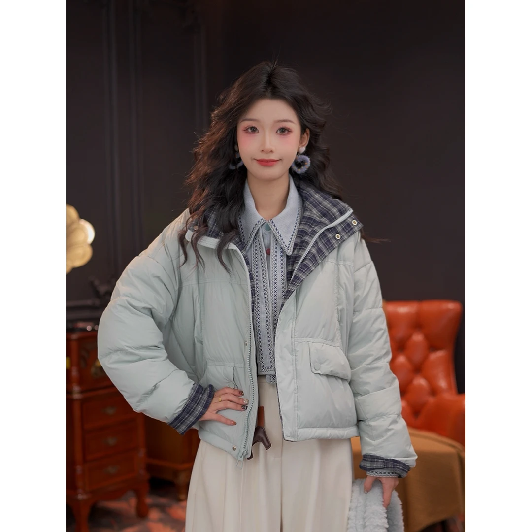 思思复古【若南】撞色格子立领外套冬季加厚保暖短款棉服女#K10290