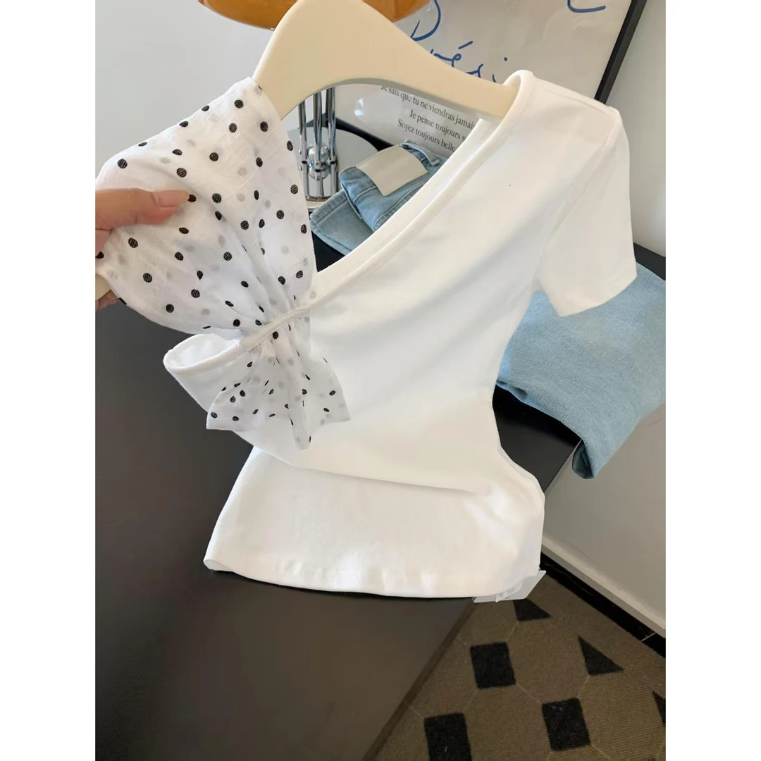 法式时尚波点拼接斜肩短袖t恤女2025夏季甜美风修身显瘦百搭上衣