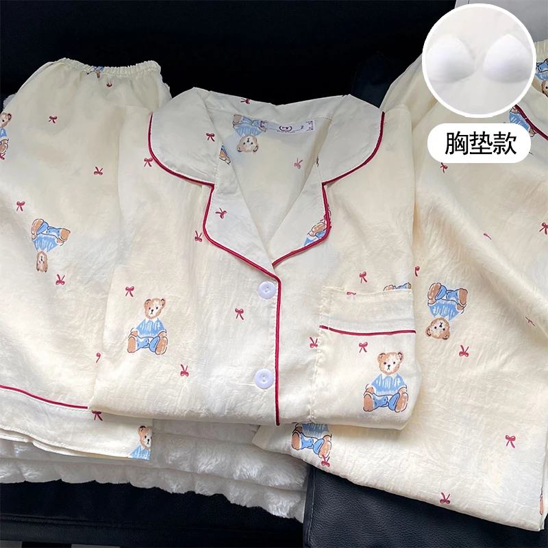 【带胸垫】睡衣女三件套女夏季短袖短裤长裤夏天卡通家居服套装132