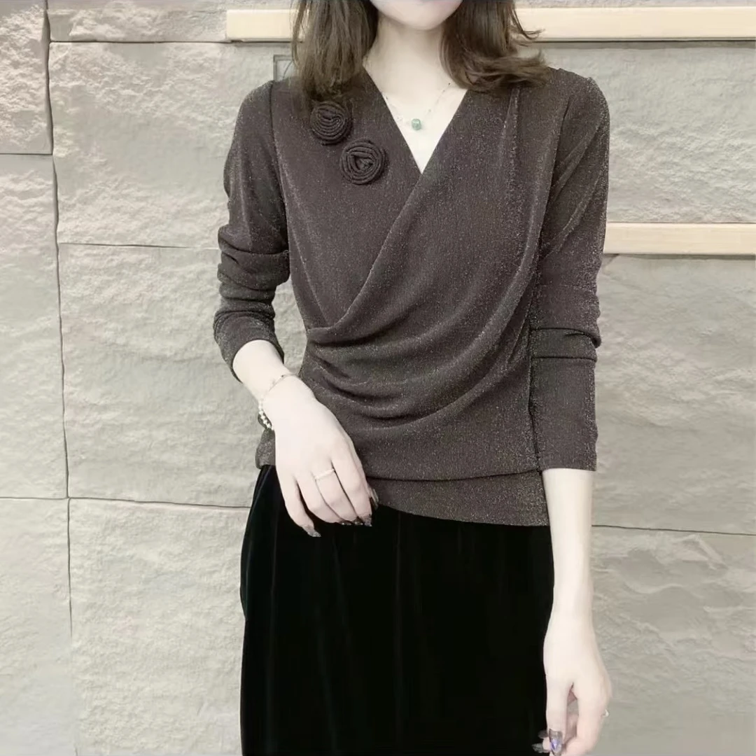 秋冬新款加绒加厚长袖百搭V领气质抽褶亮丝常规款轻职风洋气显瘦