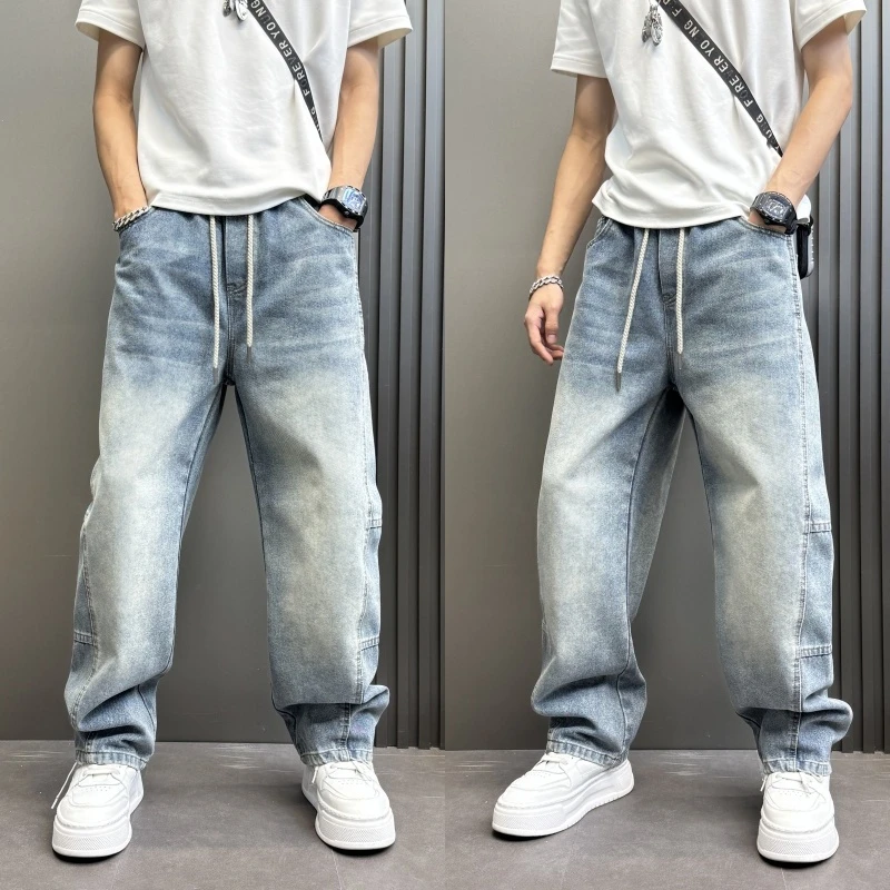 2025美式拼接宽松牛仔裤阔腿裤新款直筒水美式高街宽松阔腿牛仔裤