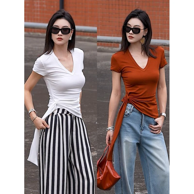 SU YAN 原创V领性感法式紧身短袖不规则新潮风TX008