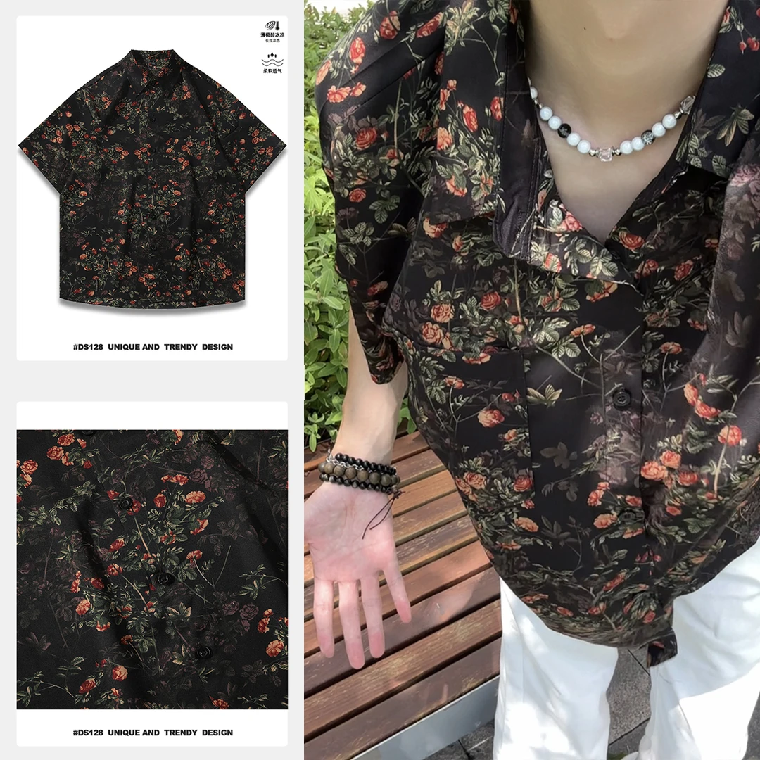 夏季碎花冰丝高级感男装短袖薄款衬衣痞帅休闲透气垂感宽松衬衫