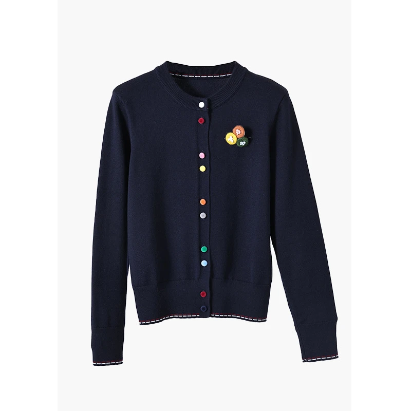 千韵伊然 设计感彩色扣子圆领长袖针织衫女小个子上衣1619