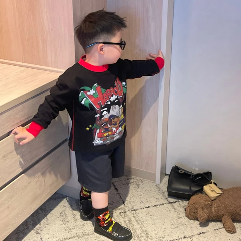 HARROLD春季休闲涂鸦插画黑色T恤