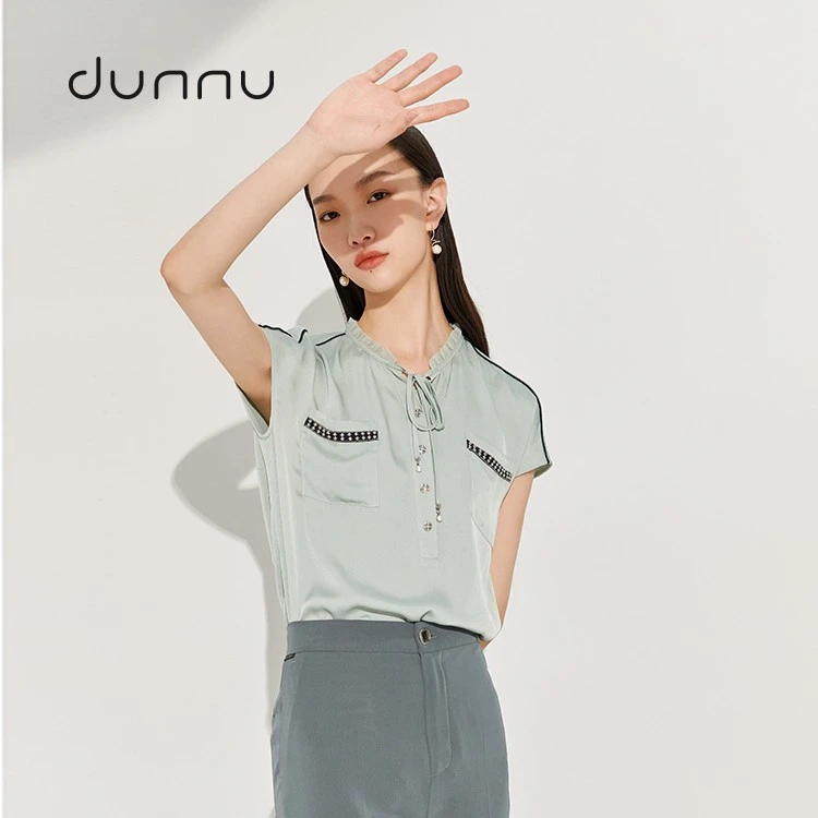 dunnu敦奴宽松木耳边领短袖宽松时尚衬衫速干DQ230907