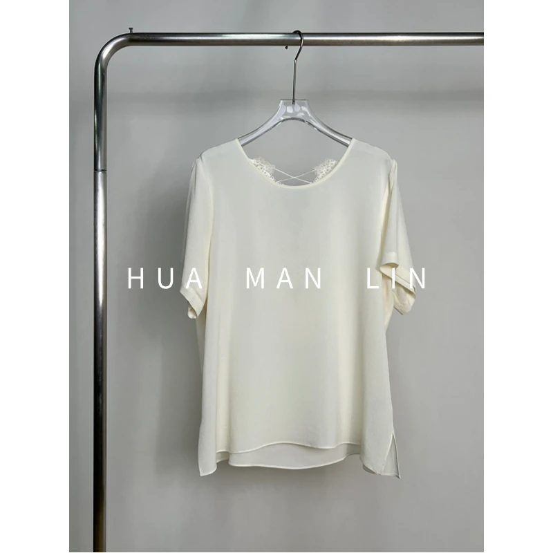 【花满林】圆领后背拼接蕾丝鬼绉真丝桑蚕丝短袖上衣251398