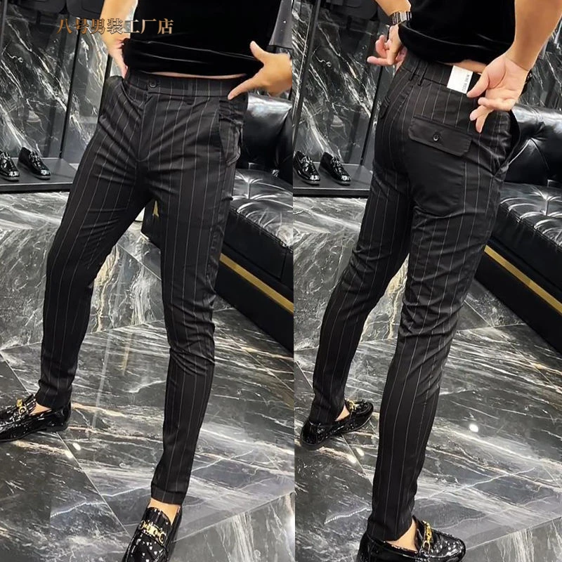 春秋轻奢痞帅男士休闲裤条纹直筒裤高档西裤修身显瘦小脚高端裤子